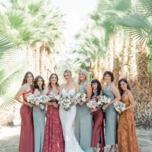 Bridal party photos in the palm tree oasis at greengale farms